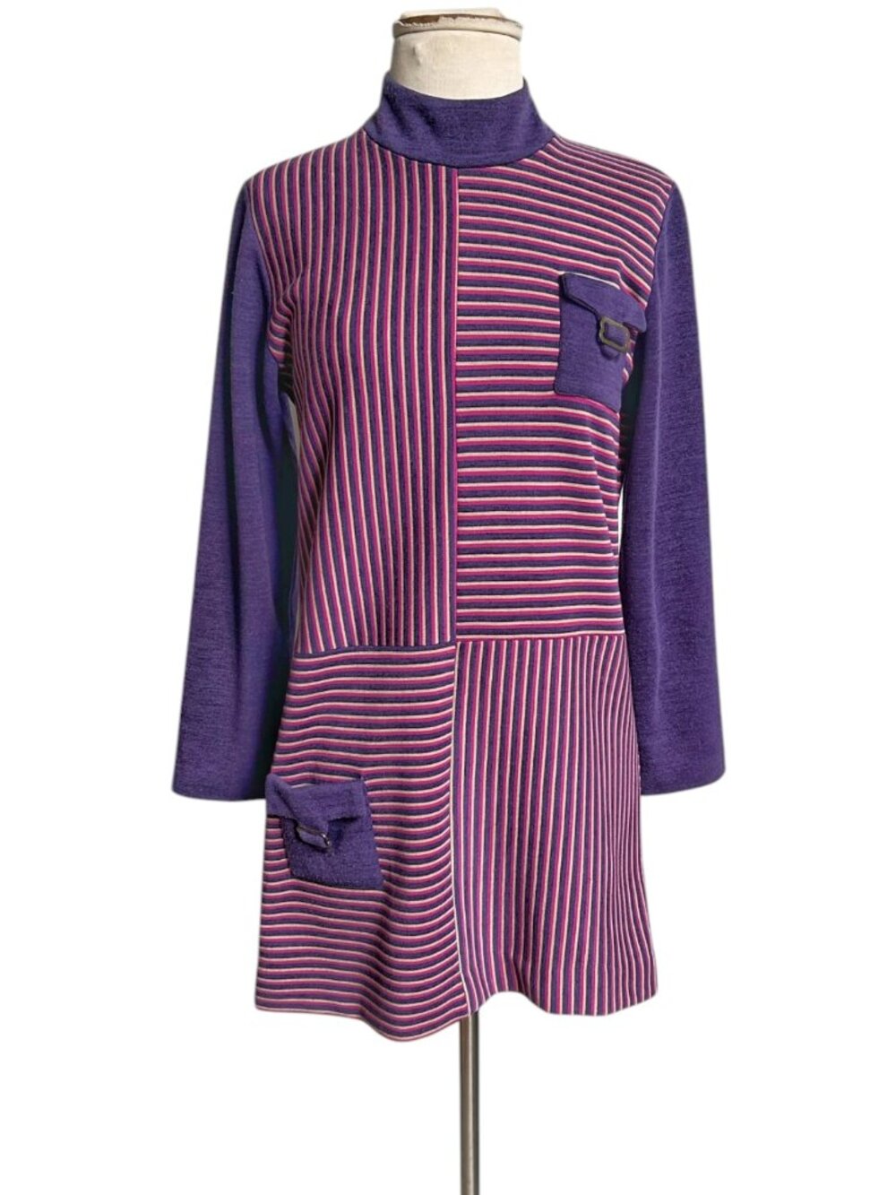 70s vintage mockneck mod shift dress mini tunic top stripe contrast colorblock